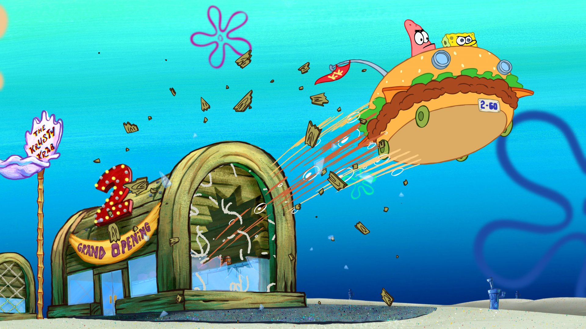 Partick und Spongebob brechen mit dem Burgermobil durch die Frontscheibe der krossen Krabbe um ins Abenteuer zu starten, Die 5 BESTEN am DONNERSTAG, Passion of Arts